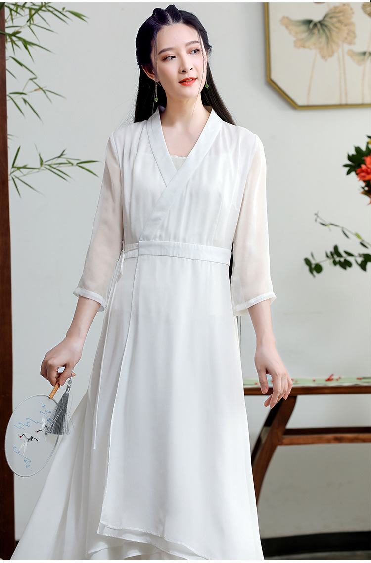 起念之夕夏 中国风茶服女装中式文艺改良系带交领仙气连衣裙l3517