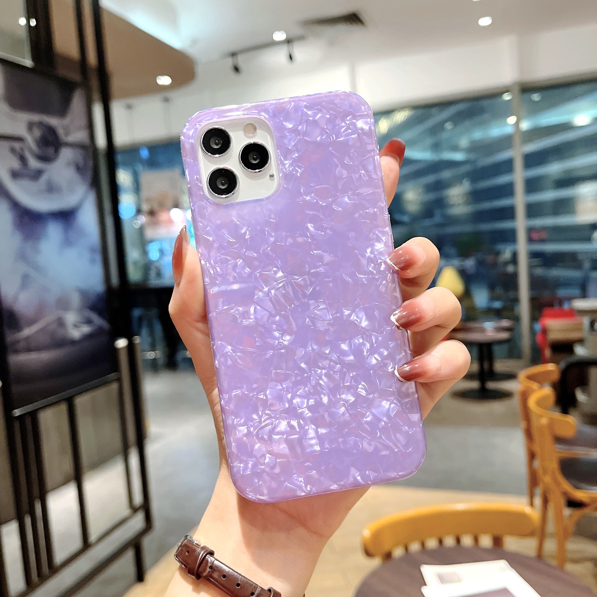 适用iphone12手机壳炫彩紫色大理石贝壳纹苹果11硅胶手机壳