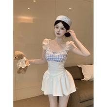 蝴蝶结蕾丝拼接吊带背心上衣甜辣妹套装女夏季高腰半身裙子两件套