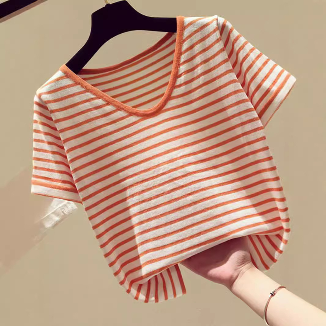 女装专柜撤柜价洋气条纹针织衫短袖t恤女夏v领上衣
