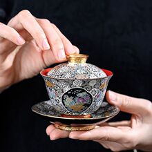 复古宫廷掐丝银珐琅彩福寿满园三才盖碗单个茶碗带盖泡茶功夫茶具