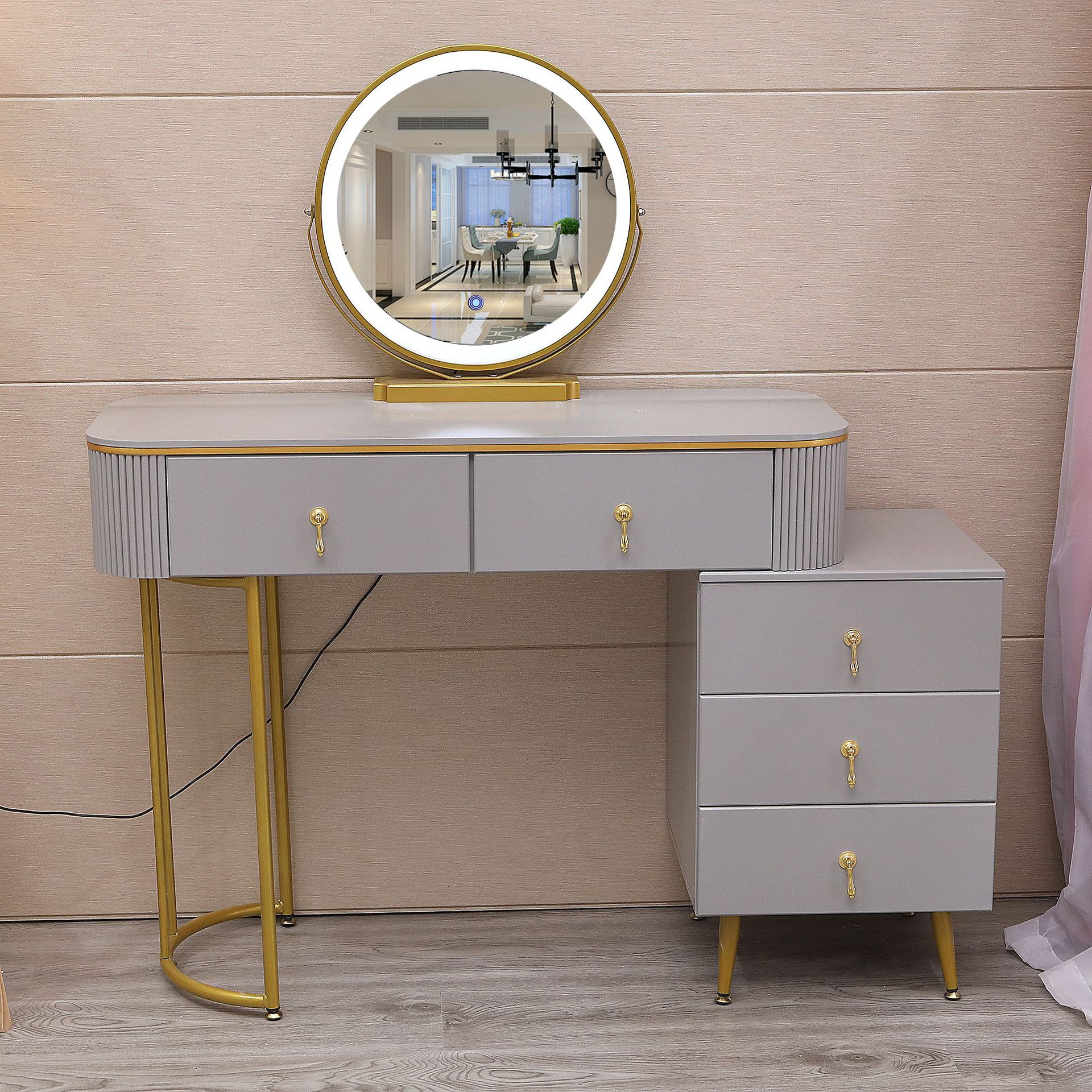 北欧圆镜多抽梳妆台储物柜一体柜卧室简约现代小型伸缩网红化妆桌
