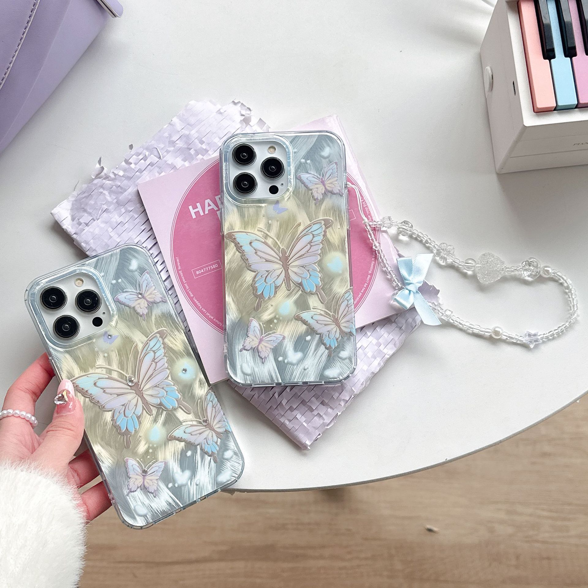 imd双层梦幻羽纱蓝色蝴蝶适用iphone14/13手机壳15pro防摔12/11女