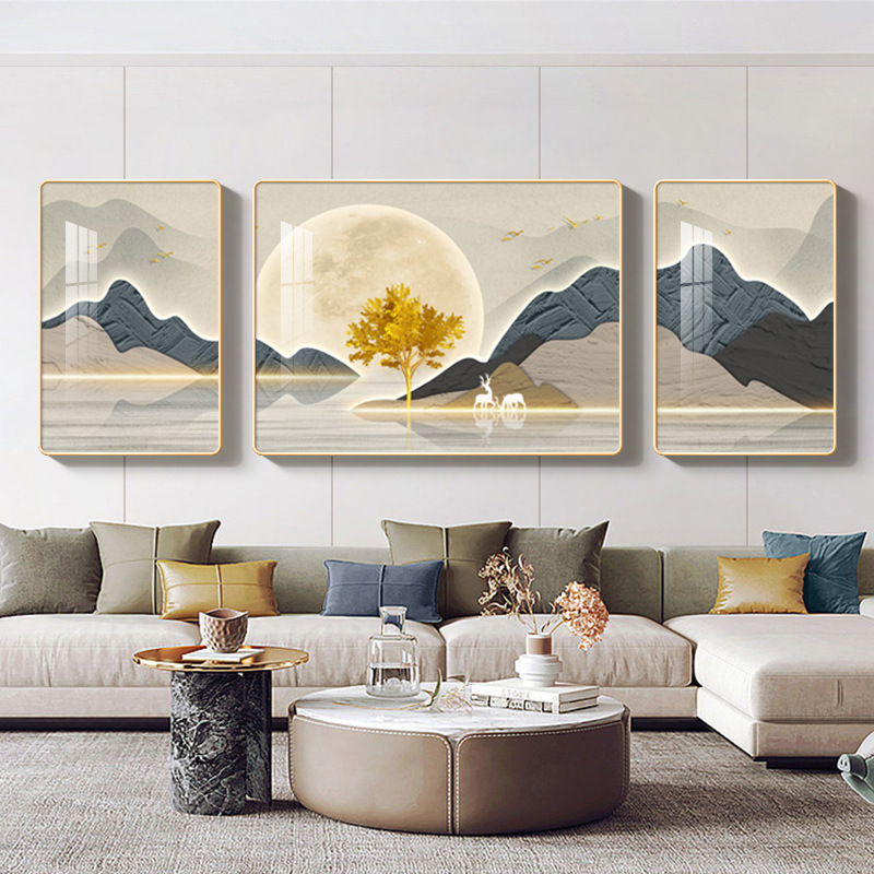 客厅装饰画轻奢现代三联画高档大气沙发背景墙上壁画新款山水挂画