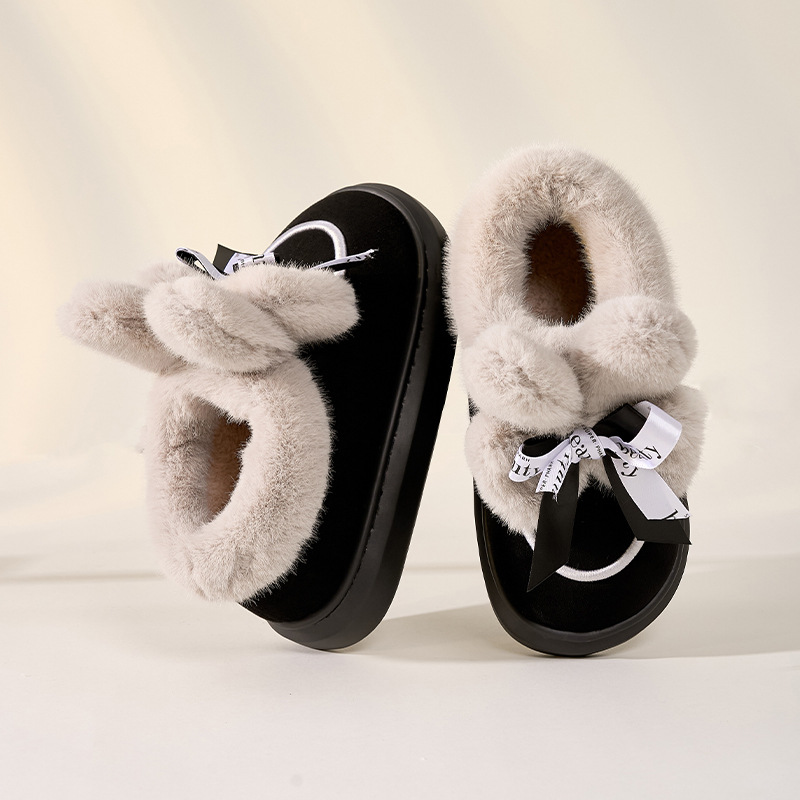 Autumn and Winter Platform Bow Rabbit Plush Slippers Home Girls Home Simple Warm Non-Slip Confinement Cotton Slippers