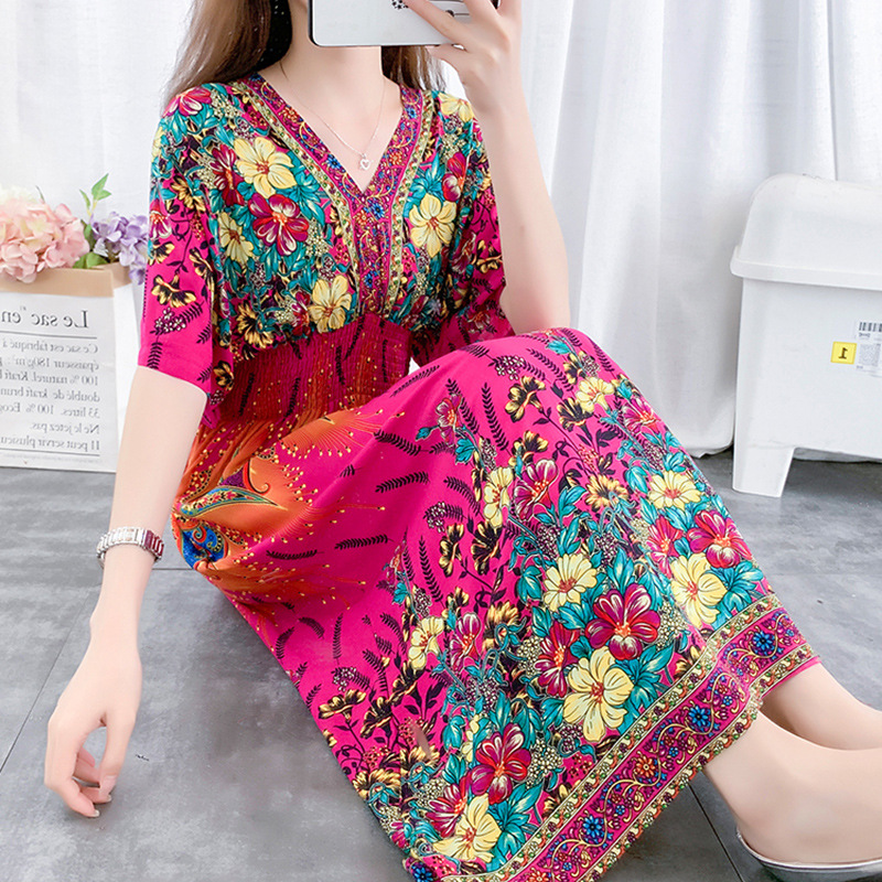 Ethnic Style V-neck Cotton Silk Short Sleeve French Thai Style Floral Dress Women's Summer Printed Pastoral Style Dress for Vacation