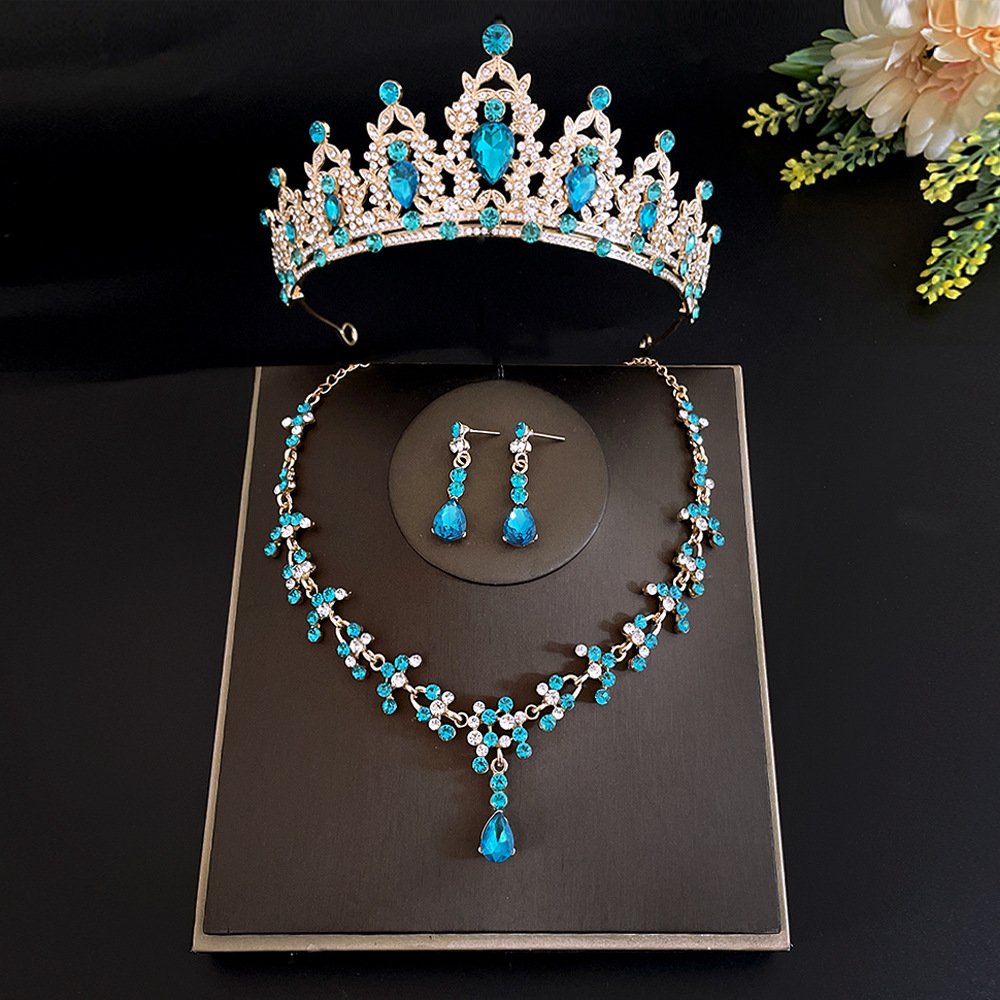 New Bridal Headdress Crown Three-Piece Set Wedding Necklace Earrings Rhinestone Suit European and American Wedding Accessories Wholesale