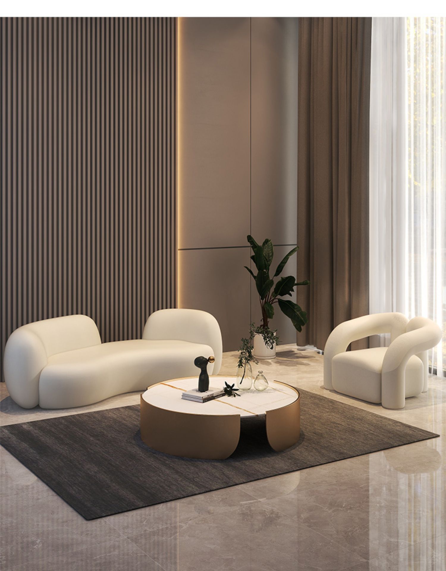 轻奢风北欧现代简约小户型客厅美容院白色羊羔绒弧形布艺沙发组合