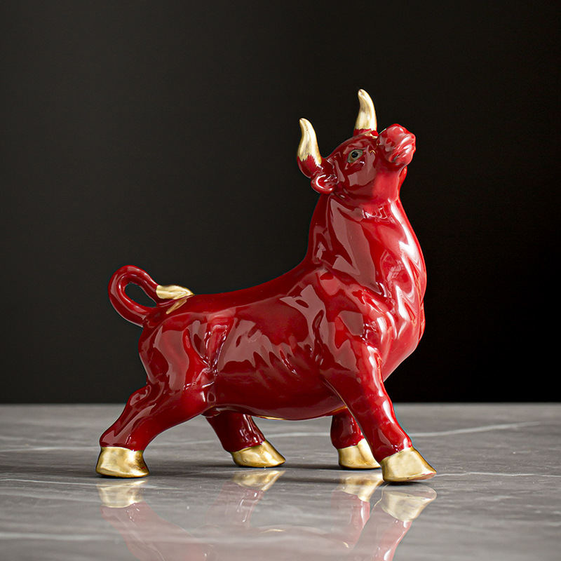 运势如虹招财牛气冲天红牛陶瓷桌面摆件商务礼品牛年装饰品工艺品
