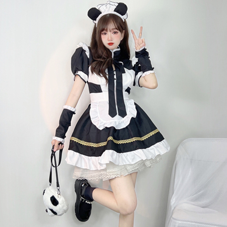 新款黑白女仆装女装大佬萌熊猫装cos可爱lolita连衣裙女佣连衣裙