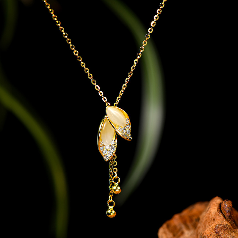 蒂奇亚实拍气质简约猫眼石树叶流苏吊坠女925纯银小清新百搭项链