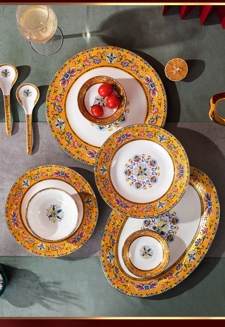 景德镇陶瓷金色珐琅彩餐具套装家用骨瓷碗碟金碗瓷碗盘 礼品批发