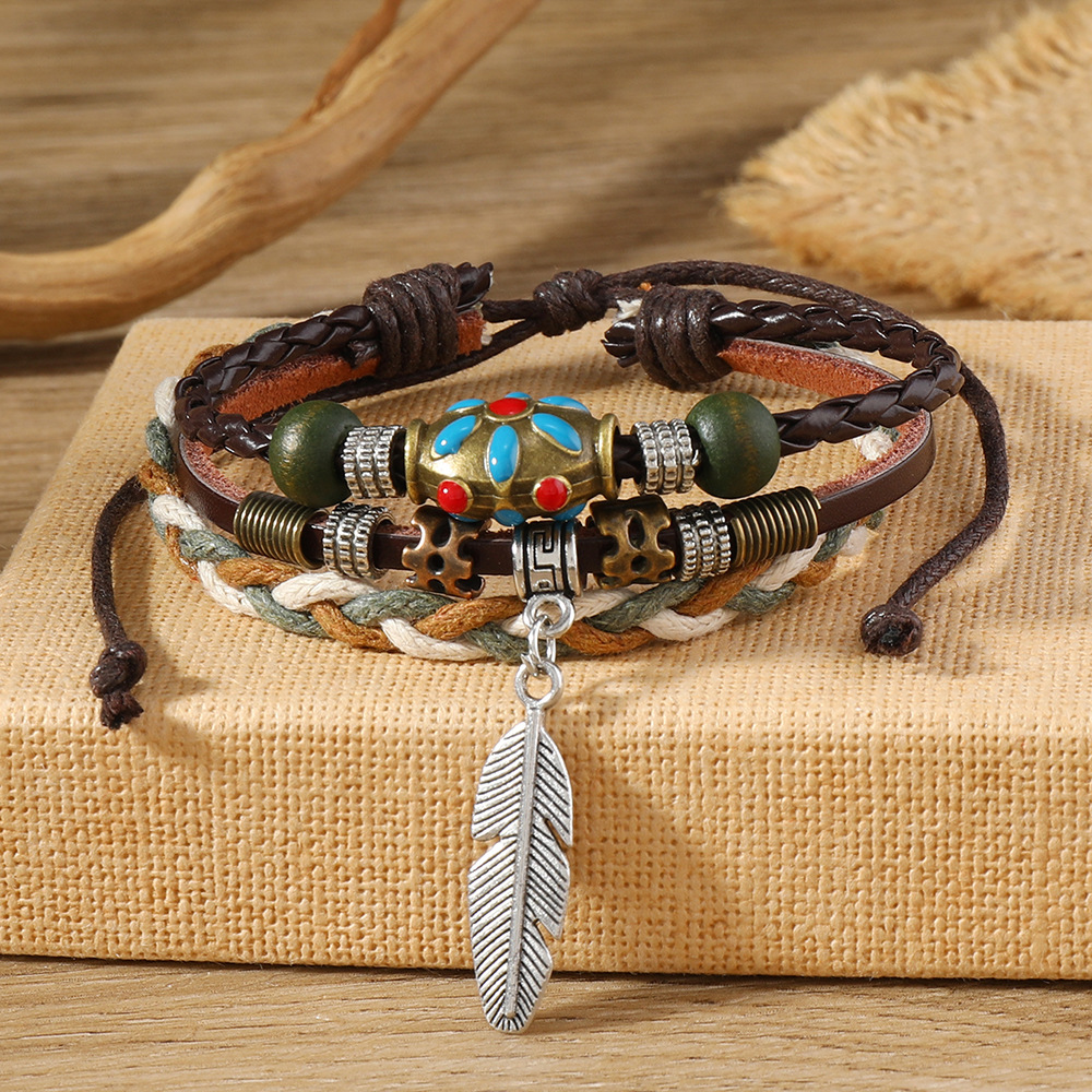 跨境货源 欧美时尚滴油合金串珠编织手链 简约羽毛吊坠皮手链