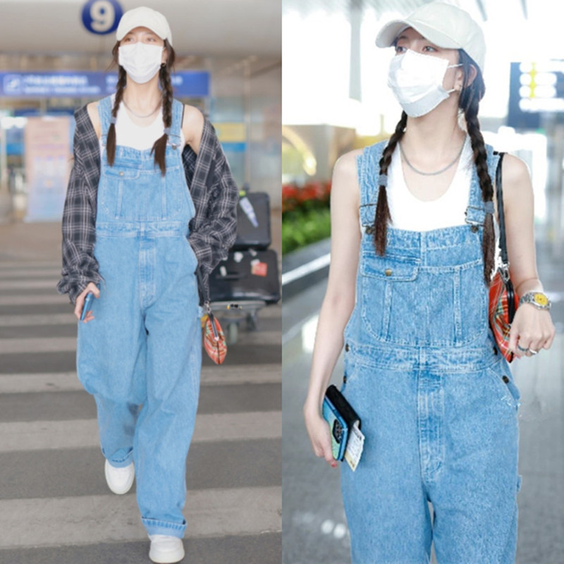 宋妍霏明星同款蓝色水洗宽松牛仔背带裤女阔腿直筒休闲连身长裤女