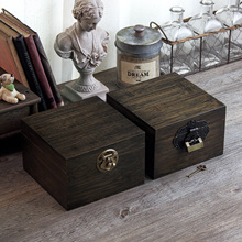 竹木实木带锁木盒子正方形桌面收纳盒首饰储物方木盒包装竹小方盒