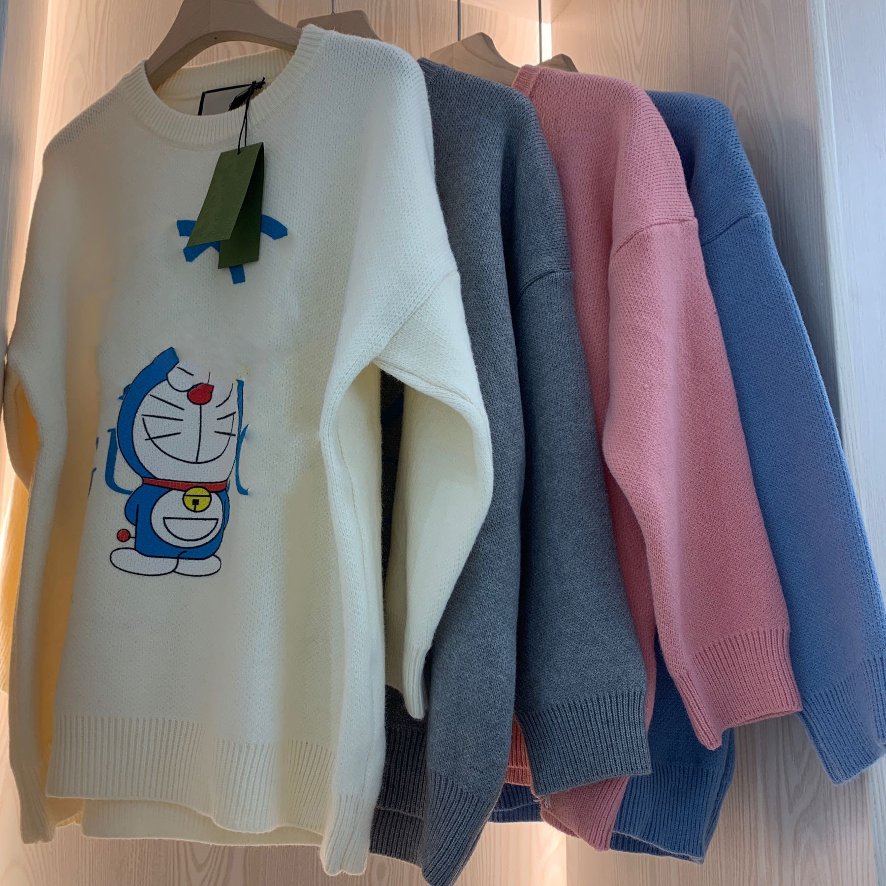 蓝胖子哆啦a梦卡通毛衣女装外穿套头慵懒风打底针织衫外套大型人穿