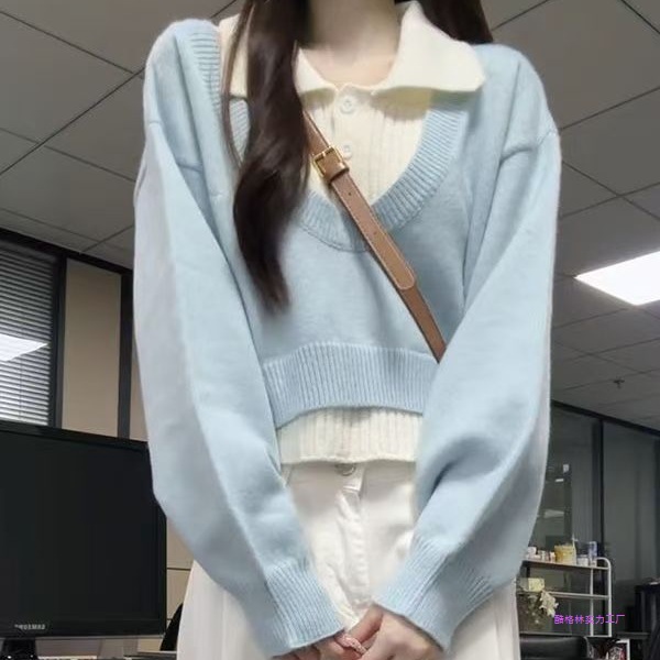 学院风POLO领韩系针织衫毛衣外套短款2025两件套慵懒宽松显瘦上衣