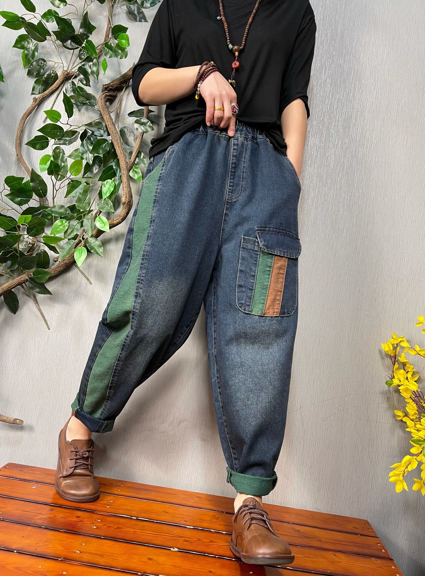 文艺复古高腰显瘦哈伦裤春季新款撞色贴布休闲裤女牛仔裤大码女装