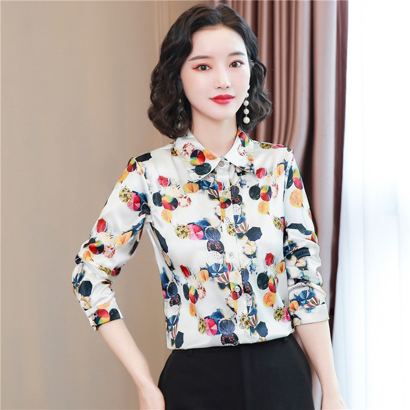 杭州重磅真丝衬衫女桑蚕丝碎花小衫妈妈宽松长袖衬衣丝绸大码上衣
