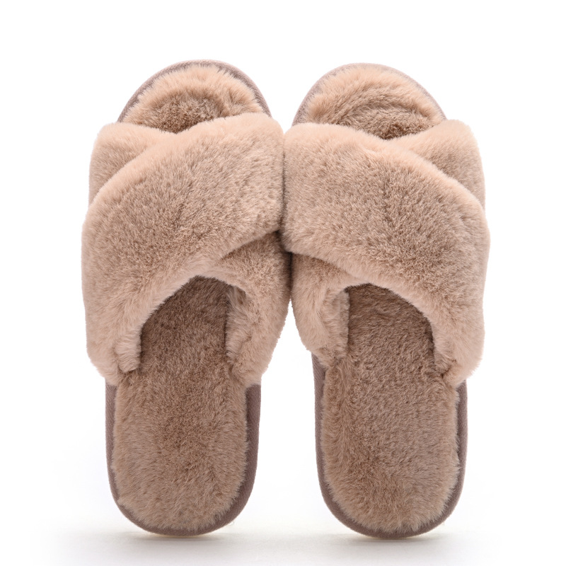 New Cross-Border European and American Indoor Plush Cross Fluffy Slippers Women's Cute Simple Home Warm Flat Cotton Slippers