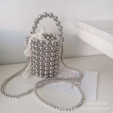 2022新款重工 银色仙女手工编织串珠珍珠包包手拎单肩斜挎水桶包