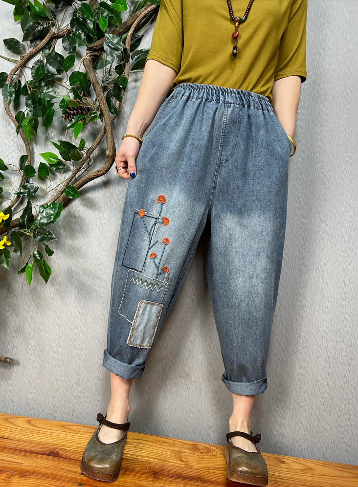 2022夏季新款文艺复古刺绣绣花贴布松紧腰磨白牛仔七分裤直筒裤女