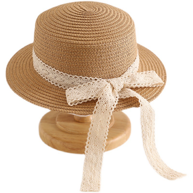 Internet Famous Lace Bow Straw Hat Baby Sunhat Girls Beach Hat British Trendy Top Hat Flat Top Sun Hat