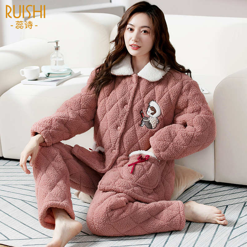 夹棉睡衣女冬季加厚加绒三层保暖羊羔绒甜美可外穿家居服宽松套装