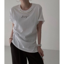 韩风 字母印花 珍珠设计感 宽松百搭短袖T恤