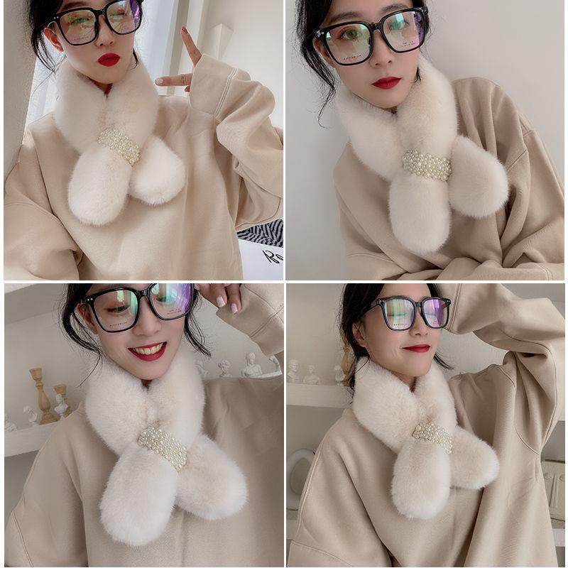 Women's Winter Korean Style Cute Wild Student Furry Pearl Imitate Rex Rabbit Fur Online Influencer Fashion Scarf