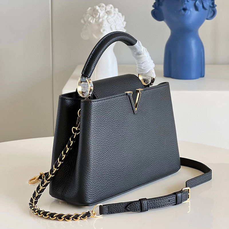 lv路易威登牛皮 黑色 capucines新款 链条肩带手提包可肩背斜跨