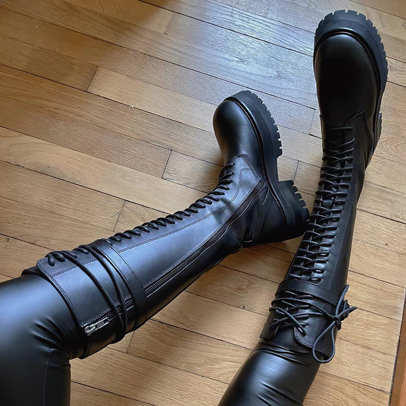 ann女款骑士靴西欧美风长款绑带前扣马丁靴意大利进口小牛皮女款