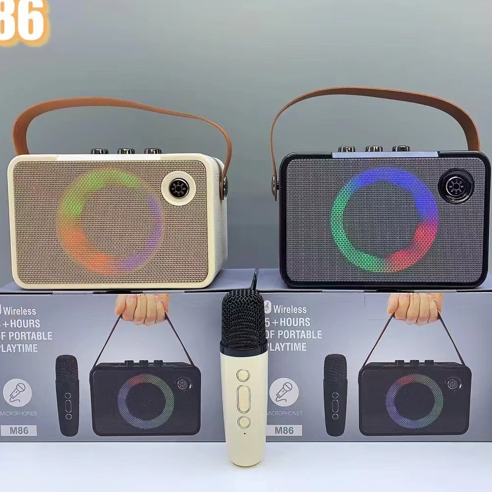 外贸新款m86手提蓝牙音箱rgb灯户外低音炮麦克风家用k歌插卡音响