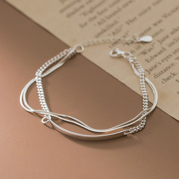 爱洛奇 s925银韩版潮酷弧线双层锁链手链个性气质女式手饰品s5423