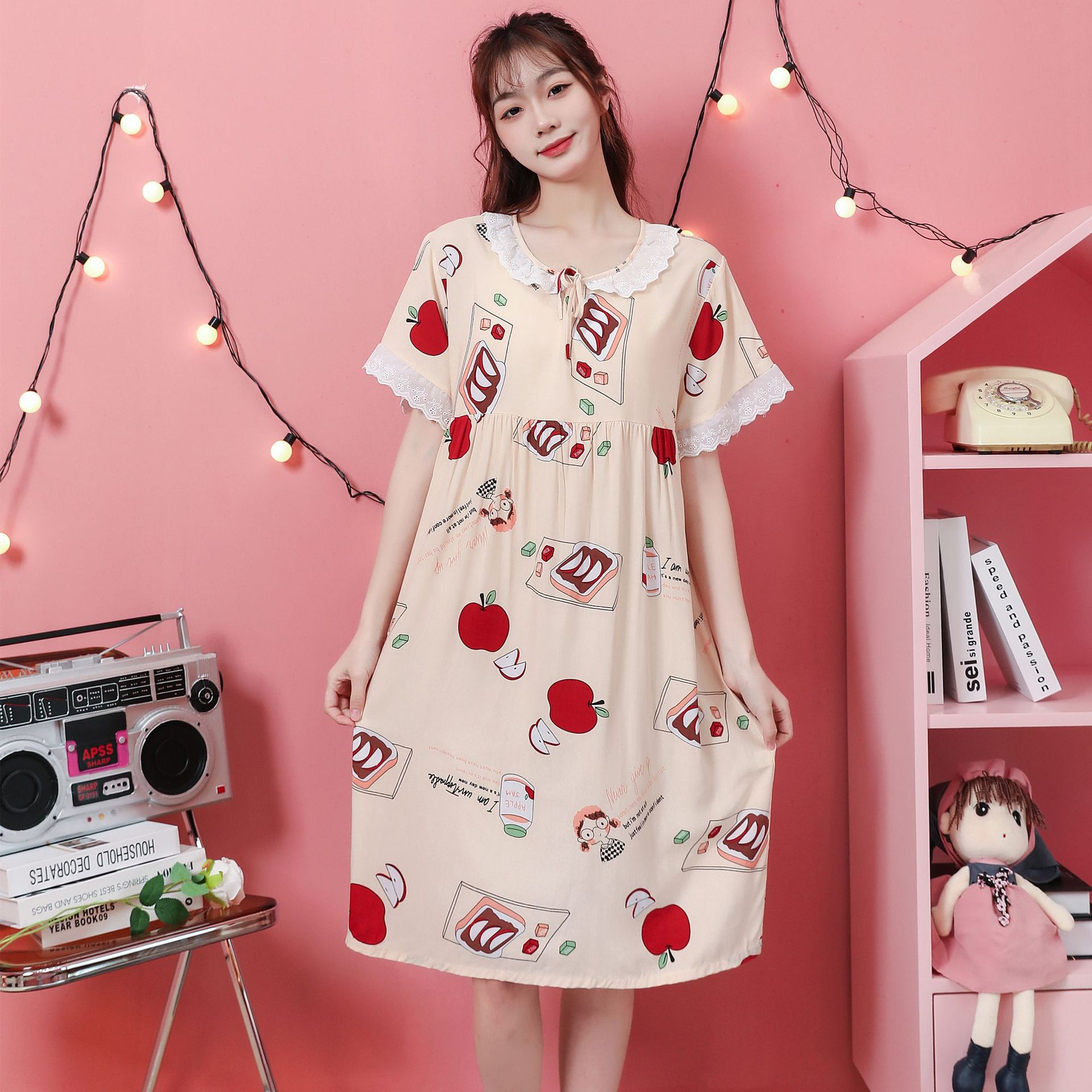 Summer New Artificial Cotton Nightdress Foreign Trade Large Size Ladies' Homewear Pregnant Women Plump Girls Can Wear outside Lace Dress