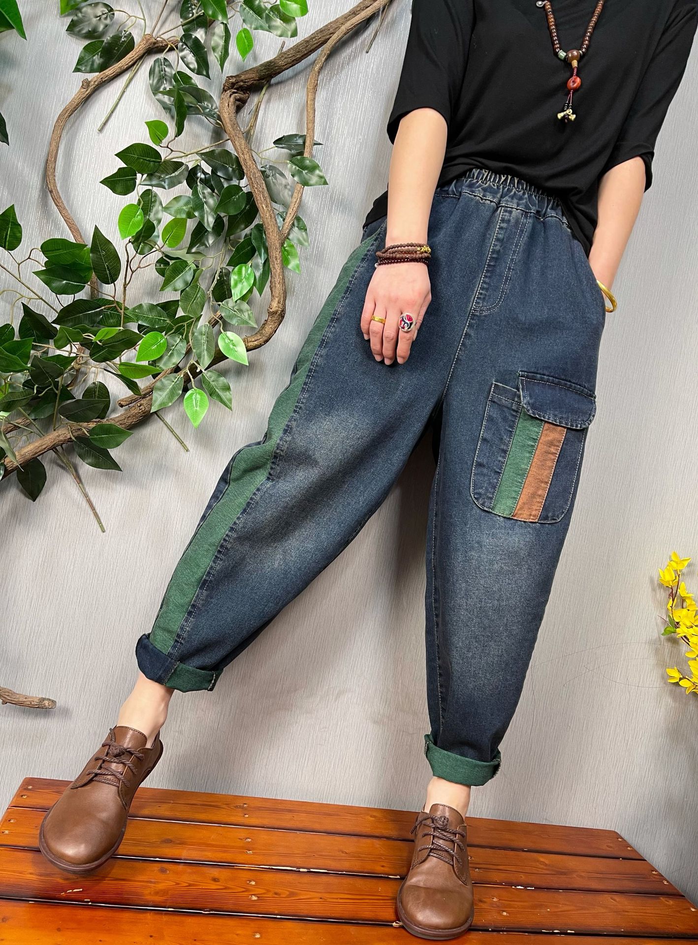 文艺复古高腰显瘦哈伦裤春季新款撞色贴布休闲裤女牛仔裤大码女装