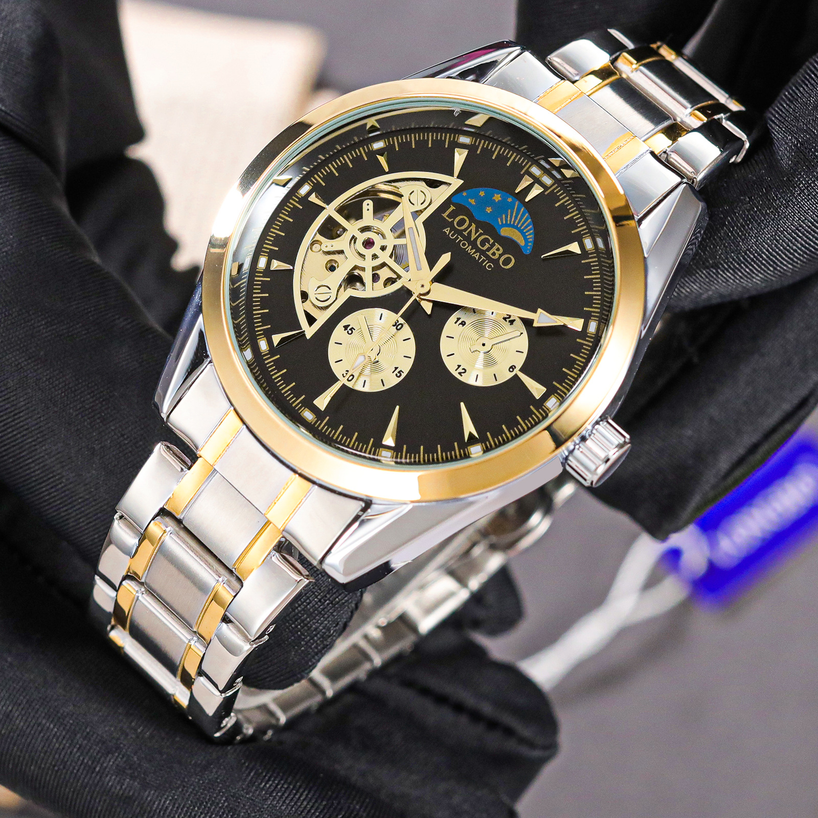 龙波longbo品牌新品直播热卖款机械表全自动透底防水机械男士腕表