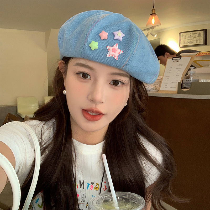 甜甜爱心牛仔贝雷帽子女夏季韩版显脸小蓓蕾帽ins星星甜美画家帽