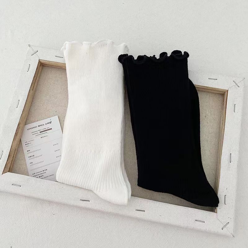 White Fungus Socks Women's Mid-Calf Spring and Summer Black and White Bunching Socks JK Uniform Bubble Mouth Lace Lolita Long Socks