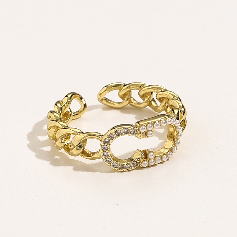 d家迪家新款开口戒指女 cd字母复古黄铜个性时尚镶钻珍珠百搭指环