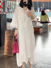 气质休闲洋气两件套连衣裙女2024夏季新款苎麻显瘦吊带白色长裙子
