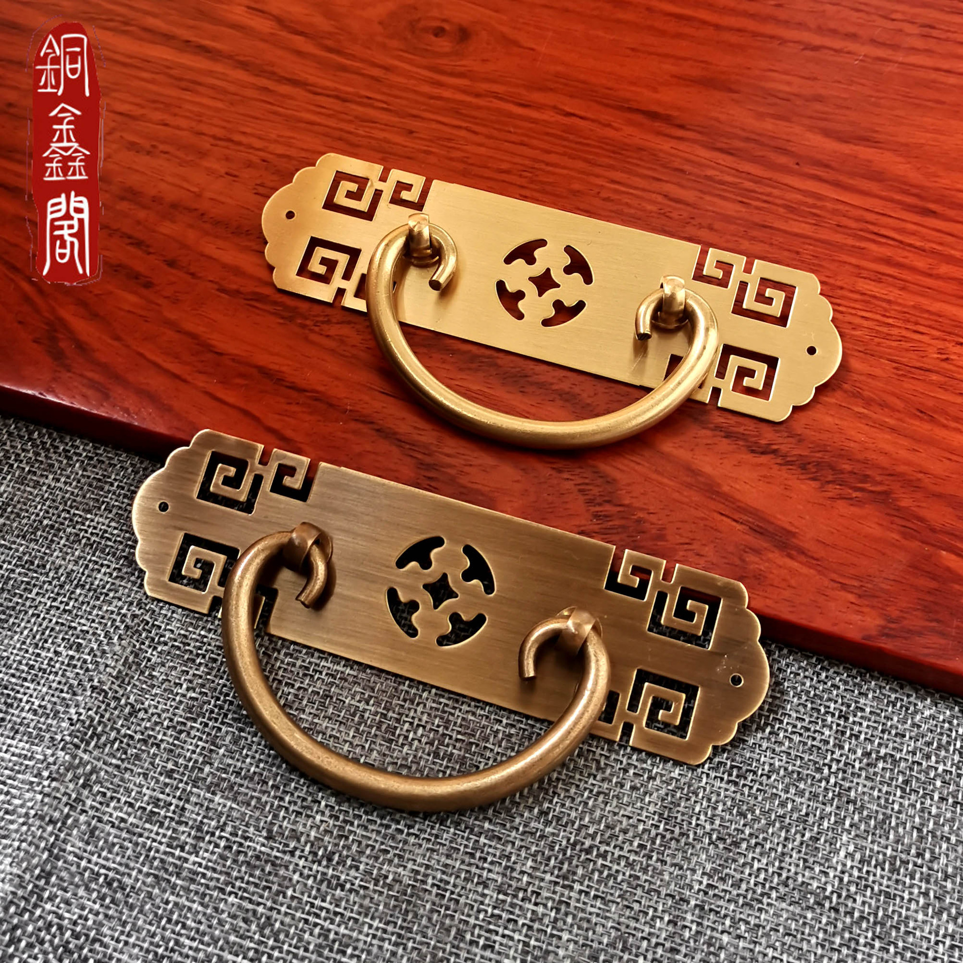 中式复古纯铜拉手金钱镂空仿古黄铜把手抽屉书台古典家具全铜拉手