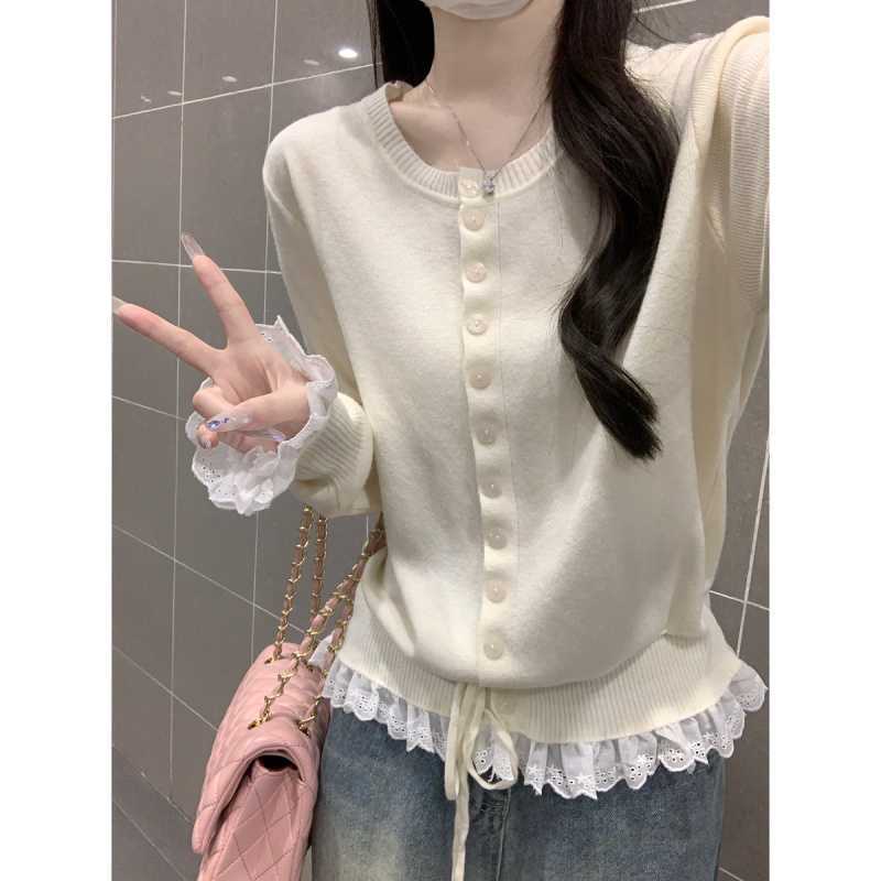 实拍 秋冬韩版甜美减龄蕾丝边假两件安迪绒毛衣开衫针织上衣