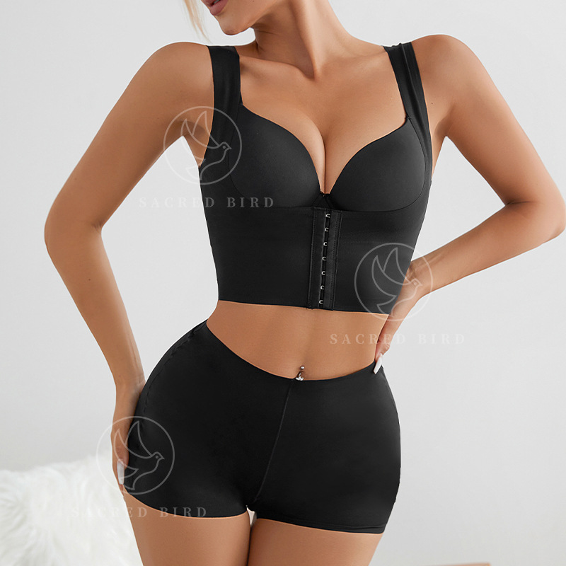 Sexy plus Size Front Row Buttons Seamless Belly Contraction Top with 3 Points Safety Pants Cross-Border Corset Waist without Steel Ring Shapewear Suit