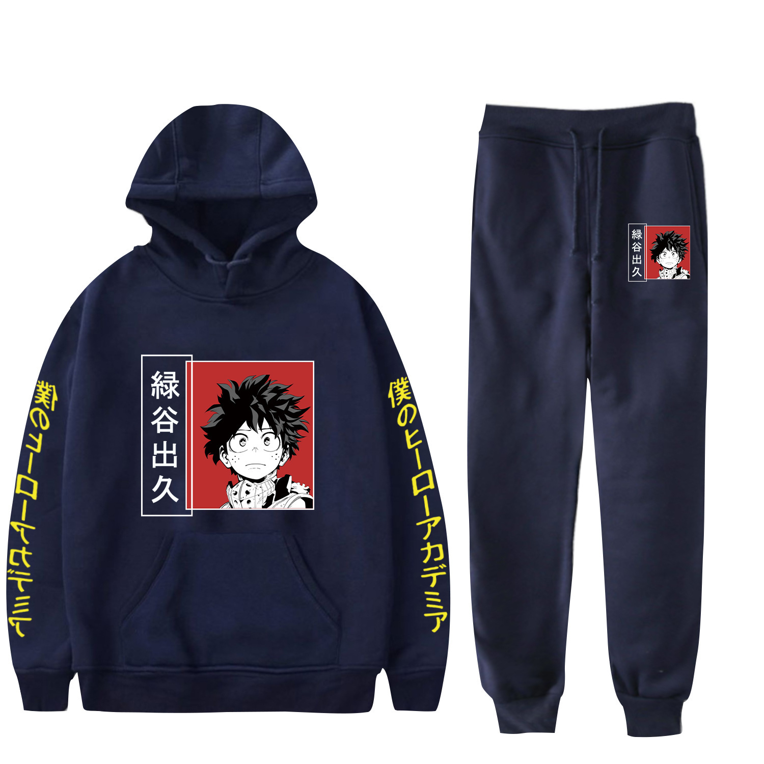 亚马逊新款男日本动漫我的英雄学院带帽卫衣束脚裤两件套印花定制