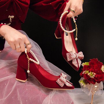 结婚鞋女新款红色新娘鞋中式秀禾婚纱两穿礼服高跟鞋水钻蝴蝶结鞋