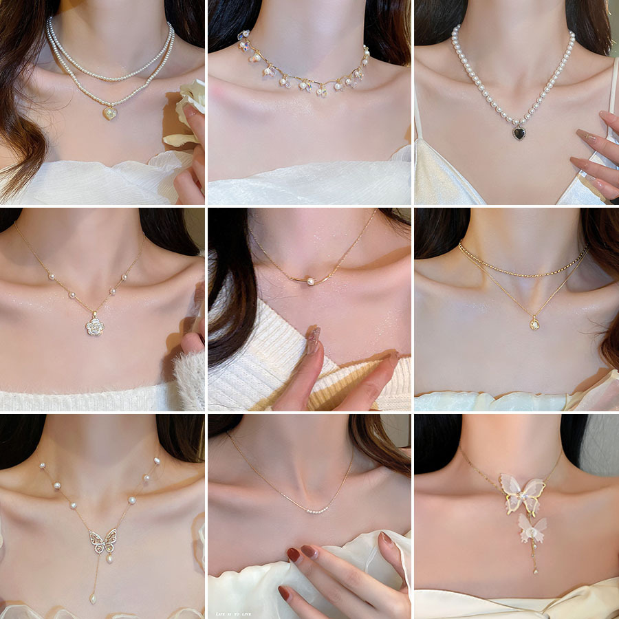 south korea elegant heart butterfly pearl tassel necklace minority fashion high-grade clavicle chain all-match necklace wholesale