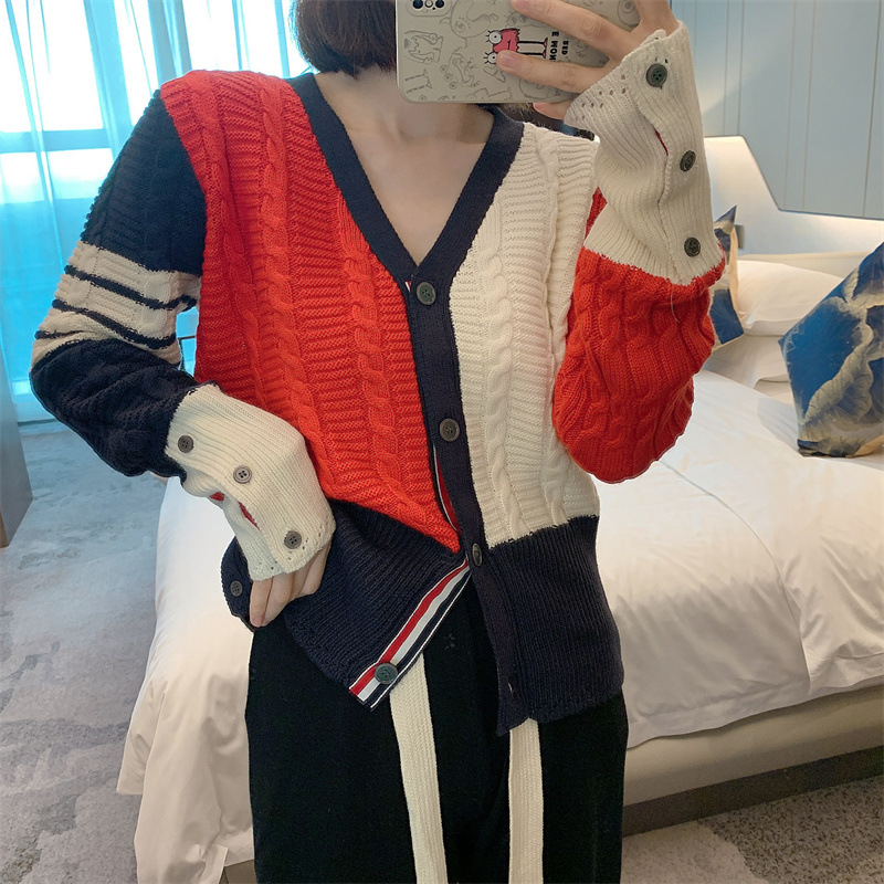 学院风麻花拼色毛衣外套女2022秋冬季新款韩版慵懒风百搭针织上衣