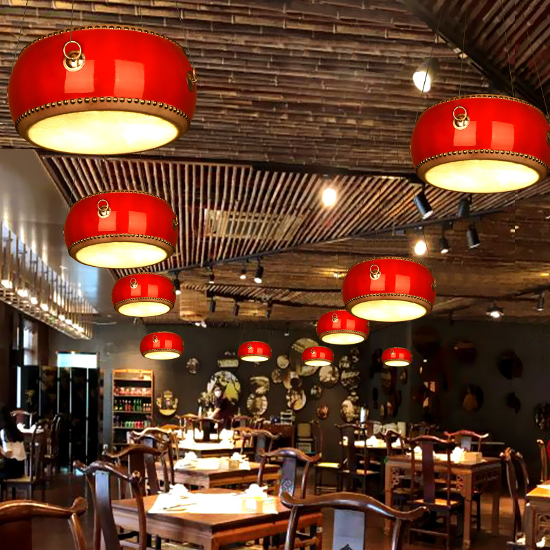 中式仿古土菜馆吊灯餐厅饭店火锅店大厅特色鼓灯中国风灯具带射灯