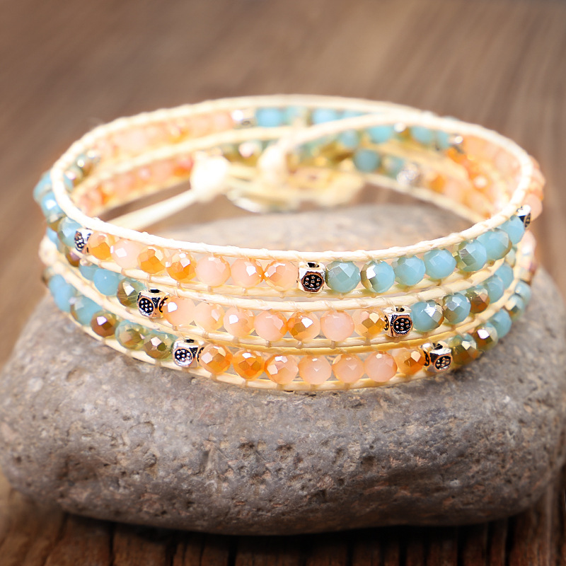 跨境新款多层缠绕手绳创意手工编织切面彩色电镀玻璃珠手链 现货